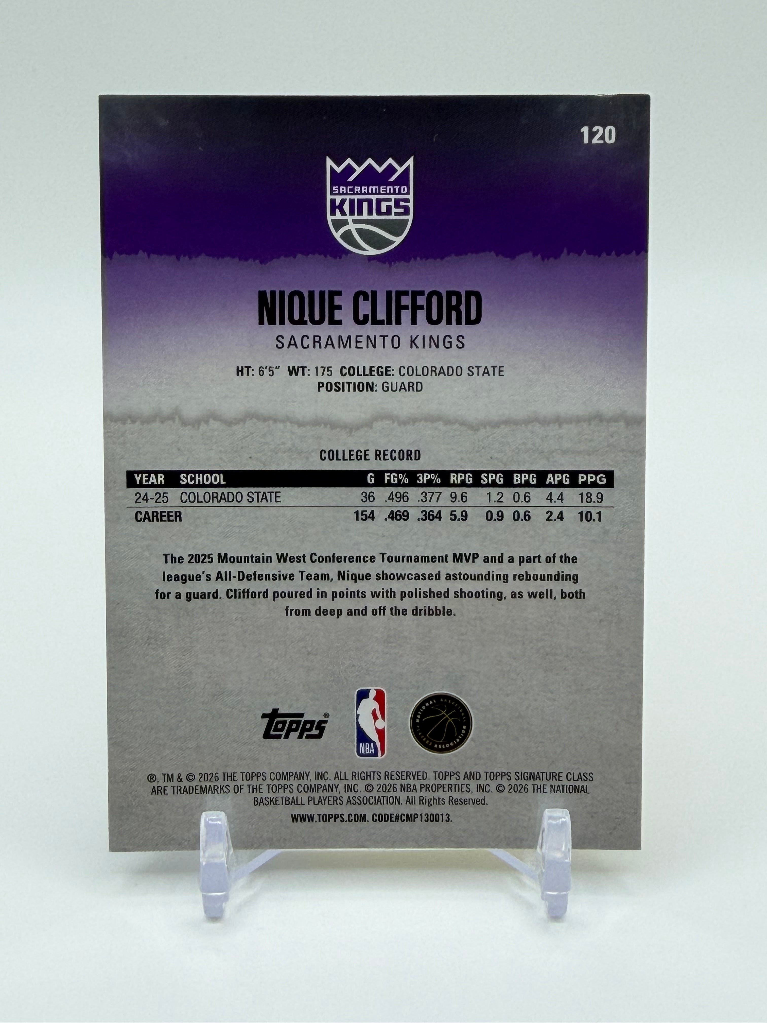 2025-26 Topps Signature Class Nique Clifford Rookie RC #120 Gold Chrome Refractor /10