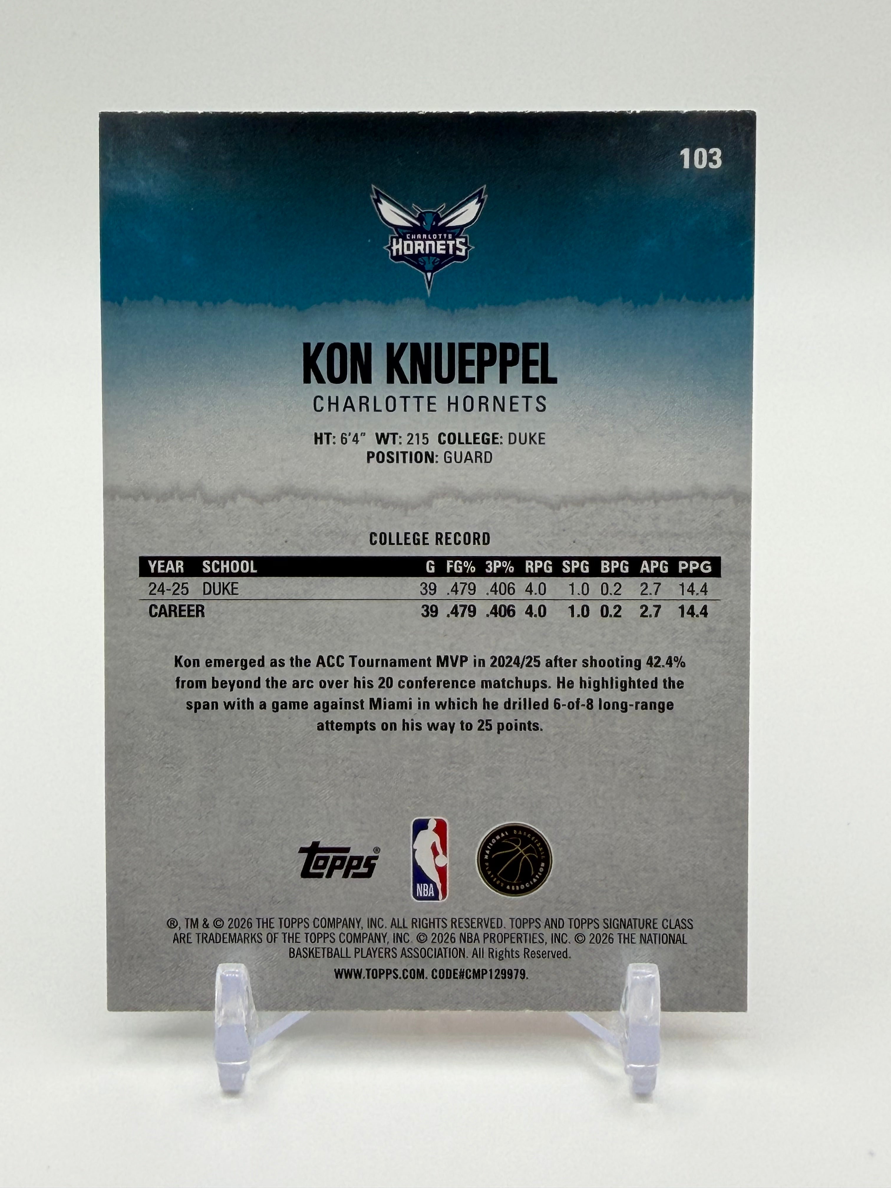 2026 Topps Signature Class Kon Knueppel Rookie Blue & Orange Parallel #103